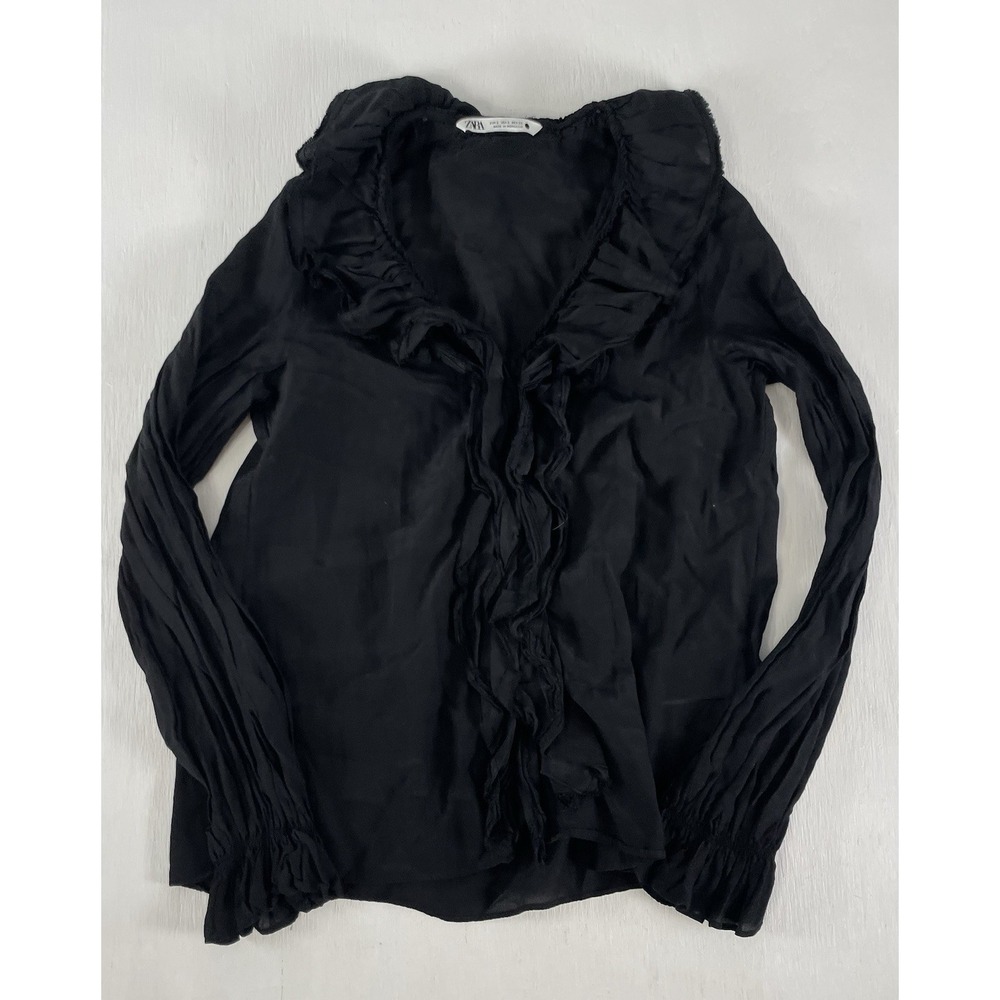 zara black long sleeve‎ ruffle shirt Blouse Women's Size Small Classic Cbk